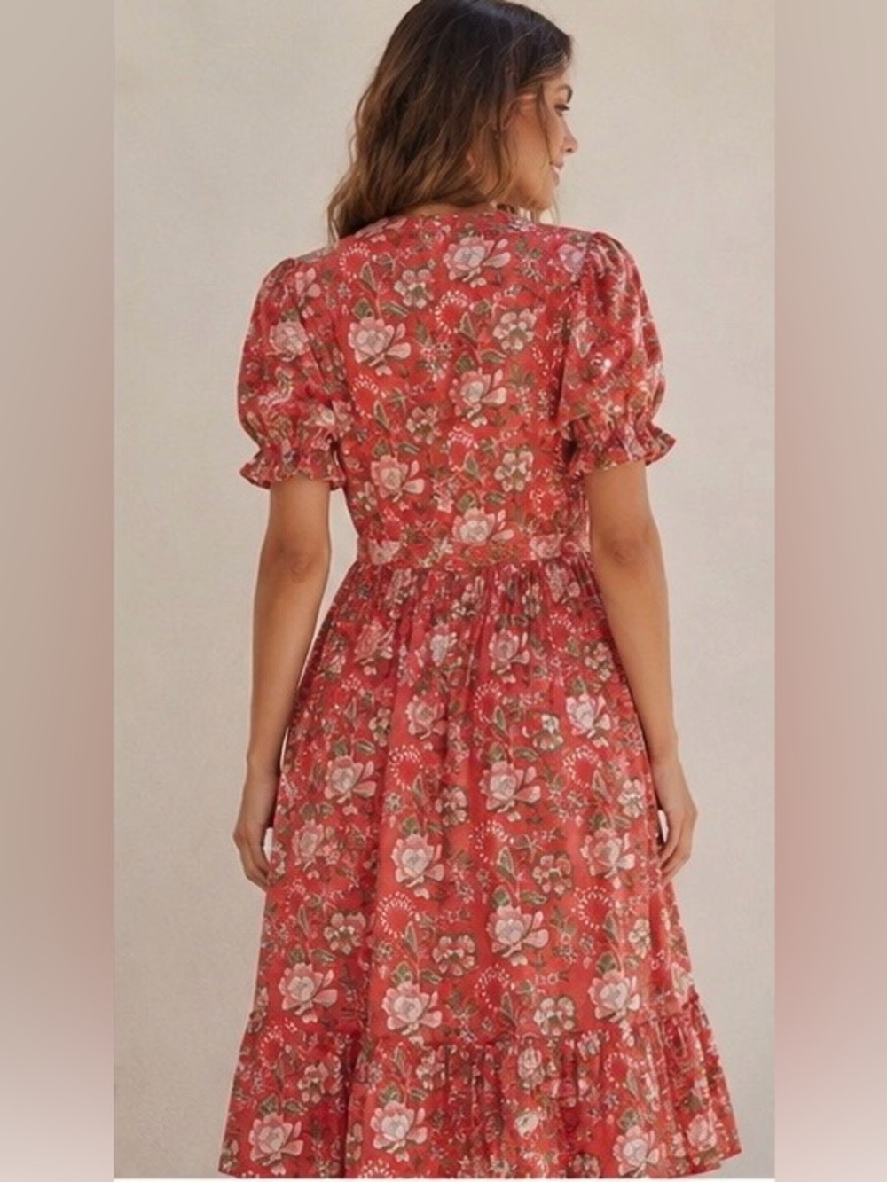 The Fox &the Mermaid Venice Floral Boho Midi Dress coral cotton peasant prairie - Picture 4 of 13